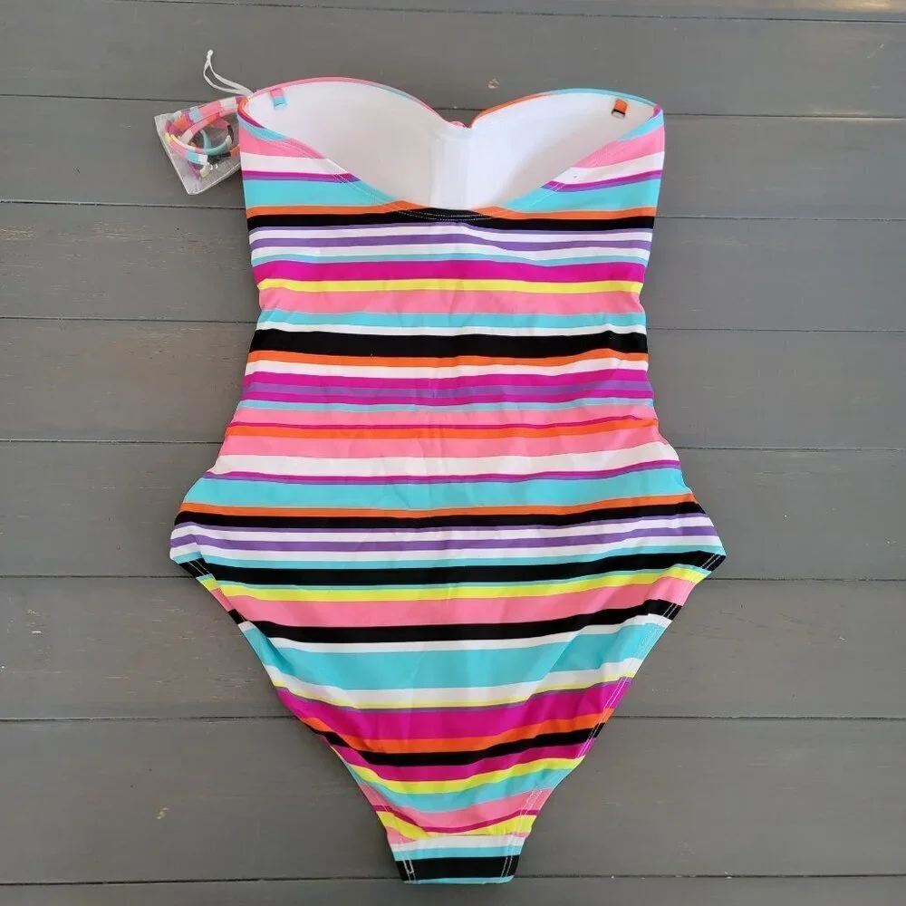 Anne Cole Women Strapless Striped Twist Front Shirred One Piece Swimsuit Size 10